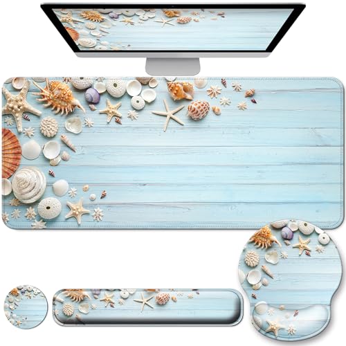 Desk Mat Set + Keyboard and Mouse Pad with Wrist Rest Support,4-in-1 Large Mousepad Computer Mats for Desktop Home & Office-Blue Shells - color: I-Blue Seashell