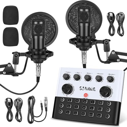SINWE Podcast Equipment Bundle for 2, F993 Voice Changer with 2 * 3.5mm Condenser Microphones, Live Sound Card - Audio Interface for Vlog/Live Streaming/Singing/YouTube/Gaming - size: 2 MIC