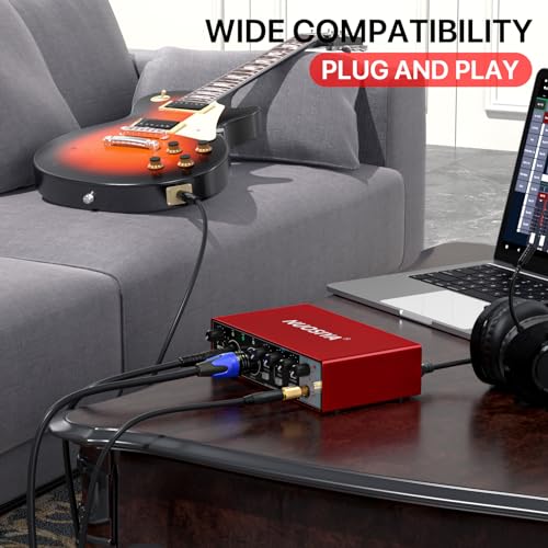 USB Audio Interface for PC Computer Recording Music, Red Guitar Audio Interface for Mac 24Bit/192kHz Podcasting Streaming for Vocalist Producer with 48V Phantom Power