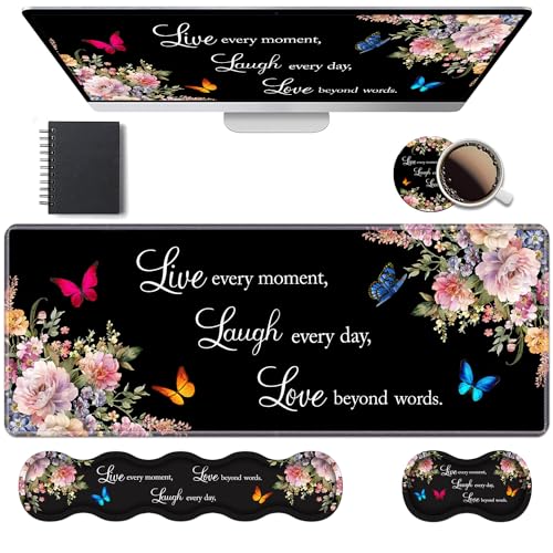 Ergonomic Keyboard Wrist Rest & Mouse Pad Wrist Rest Set, Large XXL Gaming Desk Mat 31.5"x 11.8" with Memory Foam, Easy Typing Pain Relief for Office & Home, Floral Quote Live Laugh Love - color: Floral Quote Live Laugh Love