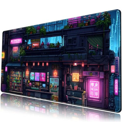 Cyberpunk Desk Mat 31.5''X15.7'' Neon Lights Desk Pad Large Gaming Mouse Pad Modern City Ramen Shop Extended Mousepad XXL Japanese Keyboard Mouse Mat for Computer Laptop Gamers - color: Cyberpunk Purple Blue Black