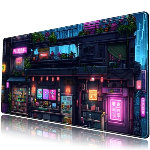 Cyberpunk Desk Mat 31.5''X15.7'' Neon Lights Desk Pad Large Gaming Mouse Pad Modern City Ramen Shop Extended Mousepad XXL Japanese Keyboard Mouse Mat for Computer Laptop Gamers - color: Cyberpunk Purple Blue Black
