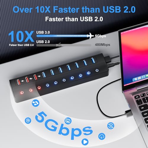 ONFINIO Powered USB Hub, 10-Port USB Splitter Hub (7 Faster Data Transfer Ports+ 3 Smart Charging Port) with Individual LED On/Off Switches and 12V/3A Power Adapter USB Extension for Mac, PC and More - style: 10 PORT QC 3.0