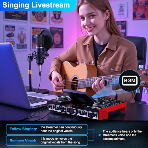 Podcast Microphone Bundle with Live Sound Card Audio Mixer, Podcast Equipment Bundle with 3.5mm BM800 Microphone for Pc/Youtube Live Streaming Singing Gaming, Sound Board with Voice Changer, Denoise