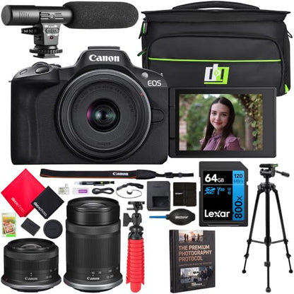 Canon EOS R50 Mirrorless Camera Body with 2 Lens Kit RF-S 18-45mm is STM and RF-S 55-210mm is STM 5811C022 Bundle with Deco Gear Camera Bag + Microphone + Tripod + Photography Pro & Accessories Kit - color: Jet