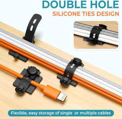 Kanemc Cable Clips Management Kit, 15 Cable Holder with Silicone Cord Ties, 15 Nylon Zip Tie, Extra 15 Screws & 8 Adjustable Cable Straps for Workspace Organizers Computer TV Under Desk Wire Setup