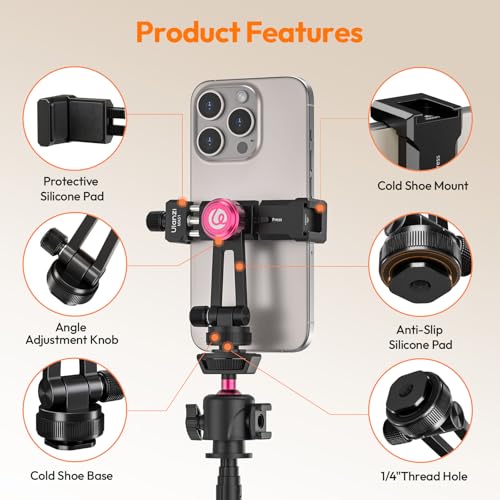 ULANZI MA61 Metal Phone Tripod Mount with Cold Shoe, 360° Adjustable Hot Shoe Camera Phone Mount for iPhone 17 16 15 14 Pro Max, Samsung, Aluminum Alloy Clamp for Vlogging, Live Streaming, Video