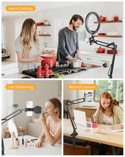 Phone Holder for Bed Desk, Flexible Camera Arm Desk Mount Clamp with Phone Holder and Ball Head, Overhead Tripod Mount for Camera Webcam Ring Light