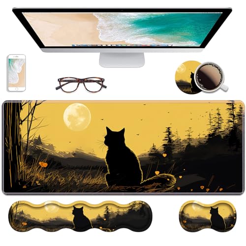 Ergonomic Keyboard Wrist Rest & Mouse Pad Wrist Rest Set, Large XXL Gaming Desk Mat 31.5"x 11.8" with Non-Slip Base, Memory Foam, Easy Typing Pain Relief for Home & Office, Black Cat - color: Black Cat