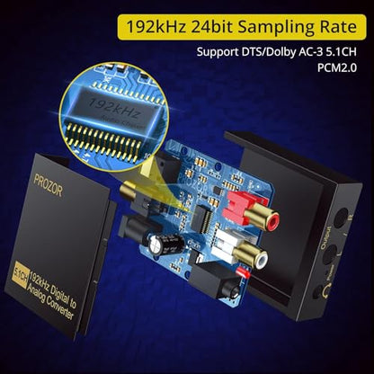 PROZOR 192Khz Digital to Analog Audio Converter Support 5.1CH Optical to RCA Converter with Magnetic Ring Power Cord Digital Toslink SPDIF to Analog L/R RCA 3.5mm Adapter for HDTV Blu-Ray DVD PS3 PS4 - size: Aluminum Alloy Shell, style: 5.1CH Dolby Digita