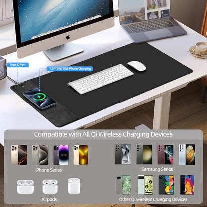 ExtreLife Wireless Charging Mouse Pad, Gaming Mouse Pad with Ultra-Smooth Surface, 31.5”x15.75” Large Desk Mat, Non-Slip Rubber Base, Waterproof Computer Keyboard Pad for Gaming, MacBook, Laptop, Desk - color: Black - 31.5"x15.7" (Wireless Charging)