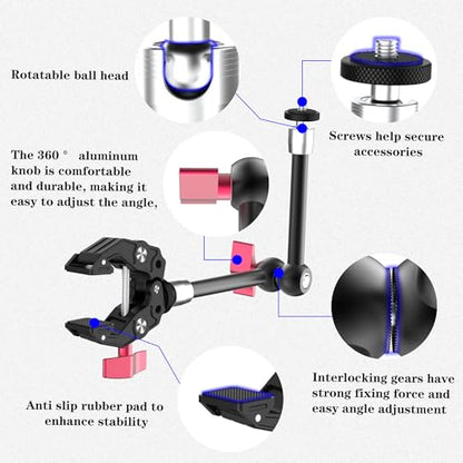 Taisioner 9.8" Magic Arm Clamp Kit with 1/4" 3/8" Screw 360° Ball Heads Articulating Arm with Super Clamp Camera Monitor Mount for Light Monitor Webcam or Camera 1.5kg for Table Tube