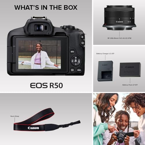 Canon EOS R50 Mirrorless Camera RF-S18-45mm F4.5-6.3 is STM Lens Kit, 24.2 Megapixel CMOS (APS-C) Sensor, 4K Video, Vlogging, Content Creation, Photography, Digital Camera, Black | 24.2MP Aps-C CMOS, Digic X, Dual Pixel CMOS Af Ii, 6K-Oversampled 4k30p, R