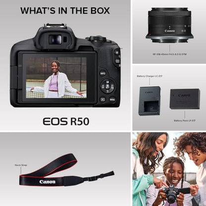 Canon EOS R50 Mirrorless Camera RF-S18-45mm F4.5-6.3 is STM Lens Kit, 24.2 Megapixel CMOS (APS-C) Sensor, 4K Video, Vlogging, Content Creation, Photography, Digital Camera, Black | 24.2MP Aps-C CMOS, Digic X, Dual Pixel CMOS Af Ii, 6K-Oversampled 4k30p, R