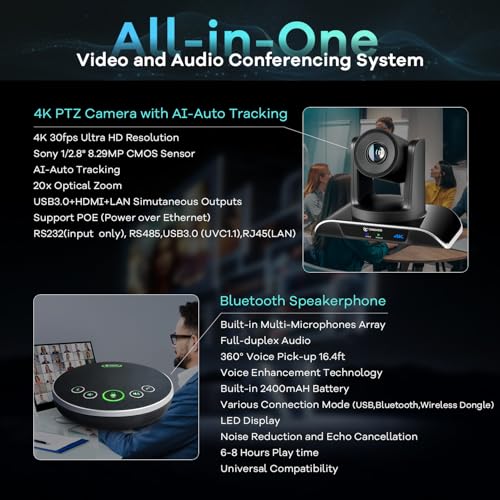 TONGVEO 4K PTZ Conference Room Camera System AI Auto-Tracking 20x Zoom 4K PTZ Camera USB3.0 HDMI LAN outputs and Bluetooth Speakerphone with Microphone for Large Remote Meeting - color: Black