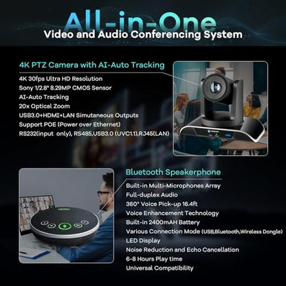 TONGVEO 4K PTZ Conference Room Camera System AI Auto-Tracking 20x Zoom 4K PTZ Camera USB3.0 HDMI LAN outputs and Bluetooth Speakerphone with Microphone for Large Remote Meeting - color: Black
