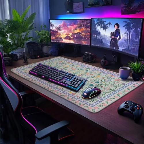 Green Floral Desk Mat, 31.5"x15.7" Large Mouse Pad, Anti-Slip Rubber Base Keyboard Pad with Stitched Edges, Water-Resistant Smooth Desk Blotter, Computer Mat for Home Office Desk - color: Green Floral