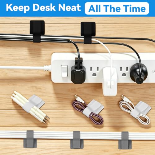 80 Pcs Cable Management Under Desk, Cord Organizer, Reusable Hook and Loop Cable Ties, Computer Accessories for Desk, Home Office Essentials, Black, White, Grey