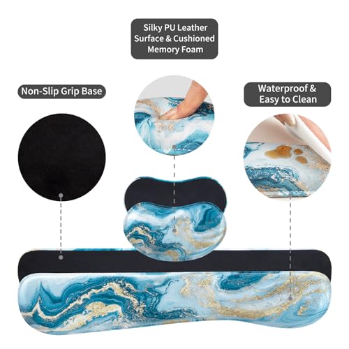 QIYI Leather Desk Mat Set, 4-in-1 Large Mouse Pad with Ergonomic Wrist Rest, Waterproof Desk Pad + Keyboard Wrist Rest + Mouse Wrist Support+Coaster, Non-Slip Office Gaming Accessories, Blue Fluid Art - color: Blue Fluid Art