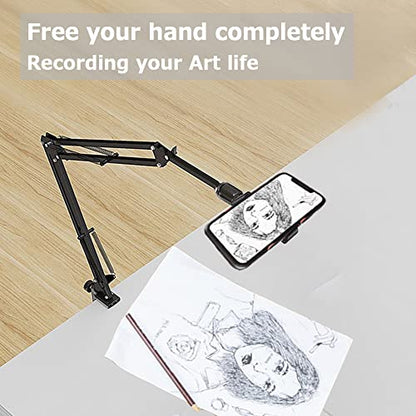 Overhead Tripod Mount for Camera Webcam Ring Light, Long Over Head Articulating Arm with Phone Holder and Ball Head, Desktop Lazy Arm Clamp Phone Stand Accessory for Live Streaming,Video Recording