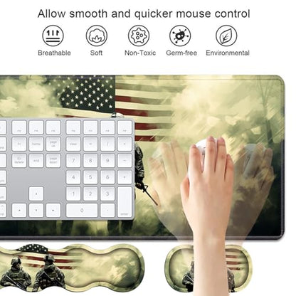 4 in 1 Ergonomic Keyboard Wrist Rest & Mouse Pad Wrist Rest Set, Large Gaming Desk Mat 31.5"x 11.8" with Non-Slip Base, Memory Foam for Home Office Study Gaming, American Military Army Troops Soldiers - color: American Military Army Troops Soldiers
