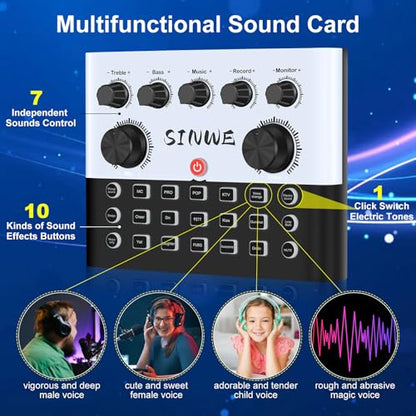 F993 All-in-One Podcast Equipment Bundle，BM-800 Recording Studio Package with Voice Changer, Live Sound Card - Audio Interface for Vlog/Live Streaming/Singing/YouTube/Gaming(White) - size: 1 MIC