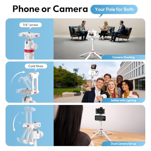 ULANZI MT-44B Phone Tripod, 59'' Auto Open Phone Stand with Dual Camera Set up, 360° Ball Head, Extendable Selfie Stick w Cold Shoe for Filming/Selfie in Vlog, Family Gatherings, White - color: White