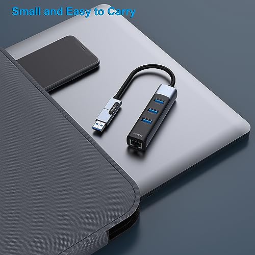 BENFEI 4in1 USB-C/USB 3.0 to Ethernet Adapter with 3*USB 3.0 Ports Compatible for iPhone 15 Series, MacBook Pro/Air 2023/2022/2021/2020/2019 and More - style: USB upright