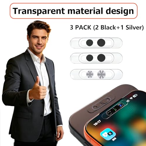 Front Camera Privacy Cover for iPhone 17/16/15/14 Pro Max Pro, Ultra-Thin Transparent Adhesive Lens Protector, Slide Design Uninterrupted Face ID, Anti-Spy Anti-Scratch Webcam Cover, 2 Black+1 Silver