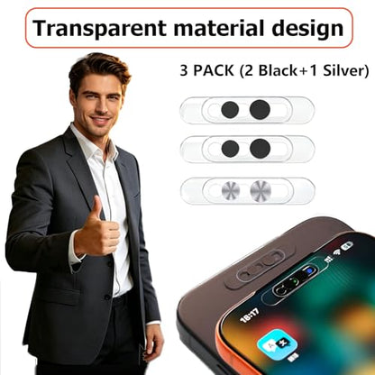 Front Camera Privacy Cover for iPhone 17/16/15/14 Pro Max Pro, Ultra-Thin Transparent Adhesive Lens Protector, Slide Design Uninterrupted Face ID, Anti-Spy Anti-Scratch Webcam Cover, 2 Black+1 Silver