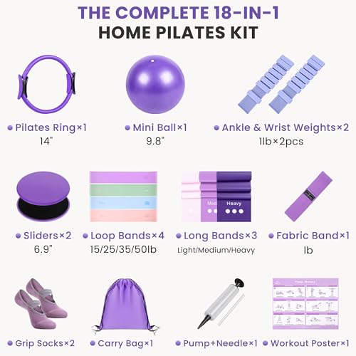 Pilates Kit for Women, 18-Piece Home Pilates Equipment Set with 14" Pilates Ring, Mini Ball, Ankle & Wrist Weights, 8 Resistance Bands, Sliders & Grip Socks