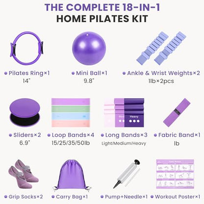Pilates Kit for Women, 18-Piece Home Pilates Equipment Set with 14" Pilates Ring, Mini Ball, Ankle & Wrist Weights, 8 Resistance Bands, Sliders & Grip Socks