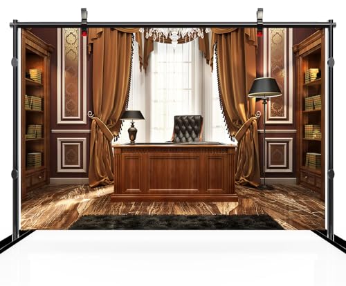17x10ft Luxury Wood Home Office Backdrop Retro Classic Desk Chandelier Bookshelf Window Library Video Conference Background Business Conversation Room Video Recording Zoom Calls Photo Props - size: 17x10FT