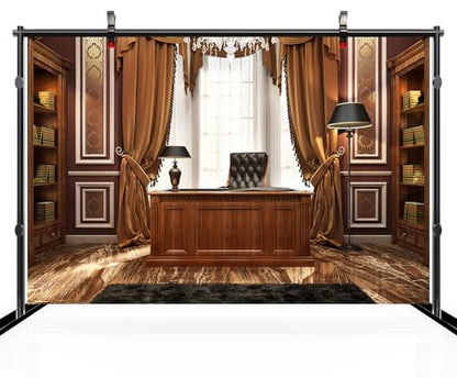 17x10ft Luxury Wood Home Office Backdrop Retro Classic Desk Chandelier Bookshelf Window Library Video Conference Background Business Conversation Room Video Recording Zoom Calls Photo Props - size: 17x10FT