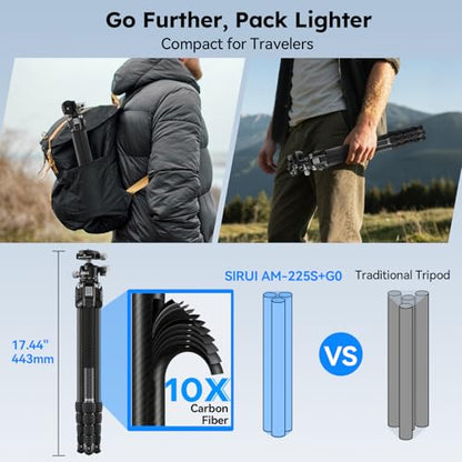 SIRUI Carbon Fiber Travel Tripod, 50" Compact Lightweight Backpack Tripod with Low Profile Ball Head with Quick Release Plate for Arca, 6 Mounting Points for Camera and Phone, AM-225S+G0 - size: AM-225S+G0