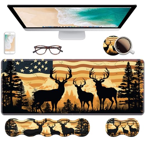 Ergonomic Keyboard Wrist Rest & Mouse Pad Wrist Rest Set, Large XXL Gaming Desk Mat 31.5"x 11.8" with Non-Slip Base, Memory Foam, Easy Typing Pain Relief for Home & Office, American Flag Deer - color: American Flag Deer