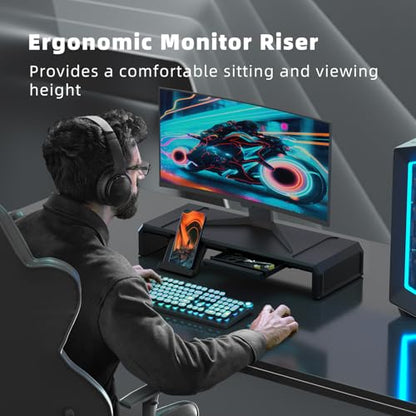 Heymaster Monitor Stand Riser with Drawer, Foldable & Adjustable Length Computer Stand with Phone & Tablet Holder, Space Saving Desk Organizer Shelf for Home Office, Laptop, Desktop - color: Black-Basic