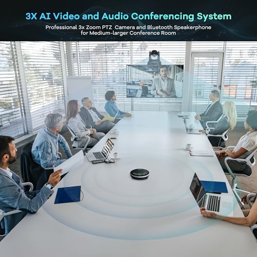 TONGVEO AI Auto-Tracking PTZ Conference Camera System with Bluetooth Microphones, 3X Optical Zoom USB3.0 1080P 60fps, 93° Wide-Angle All-in-One Video Conference Solution for Church & Office