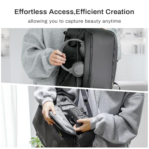 RaLeno Camera Backpack Bag, 22L+5L (Expandable Compartment) Waterproof Camera Case with Quick-Access Side Pocket for DSLR SLR Mirrorless Camera Compatible with DJI Mavic Drone/16 Laptop/Tripod Holder