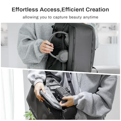 RaLeno Camera Backpack Bag, 22L+5L (Expandable Compartment) Waterproof Camera Case with Quick-Access Side Pocket for DSLR SLR Mirrorless Camera Compatible with DJI Mavic Drone/16 Laptop/Tripod Holder