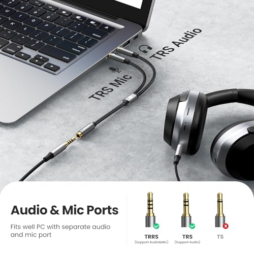 UGREEN Headphone Splitter for Computer 3.5mm Female to 2 Dual 3.5mm Male Braided Audio Splitter Cable Microphone Stereo Jack Earphones Port Cord Gaming Headset to PC Laptop Adapter Black