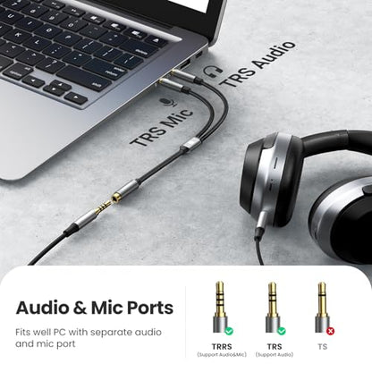 UGREEN Headphone Splitter for Computer 3.5mm Female to 2 Dual 3.5mm Male Braided Audio Splitter Cable Microphone Stereo Jack Earphones Port Cord Gaming Headset to PC Laptop Adapter Black