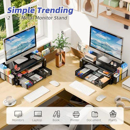 Simple Trending 2-Tier Monitor Stand Riser, Drawer & 2 Pen Holders, Black | Sturdy Material - size: 16"W x 10"D x 5.8"H