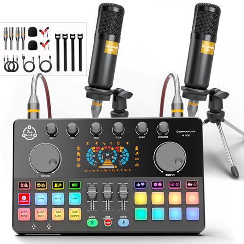 Podcast Equipment Bundle for 2, Audio Mixer Voice Change with XLR Dynamic Microphone, Perfect for Vocal Recording, Podcasting, Streaming,Video Vocals, Singing, PC, Phone, TikTok, COMMANDER M100 3rd - color: M100-2 Dynamic