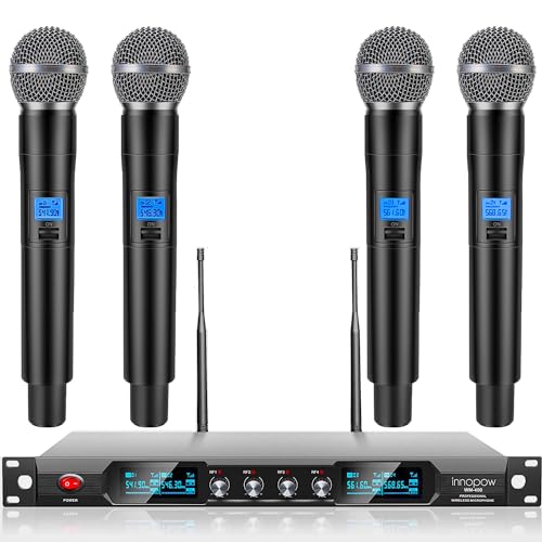 innopow 4-Channel Wireless Microphone System, Quad UHF Metal Cordless Mic, 4 Handheld Mics, Long Distance150-200Ft, Fixed Frequency, 16 Hours Use for Karaoke Singing, Church - color: 4 Handheld mics