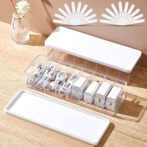 Tatuo 2 Pcs Cord Organizer for Drawer Desktop, Cable Organizer Box with 8 Compartments and Wire Ties, Plastic Charger Storage with Lid, Electronics Case for Home Office Accessories (Small,Clear,White) - color: Clear, White