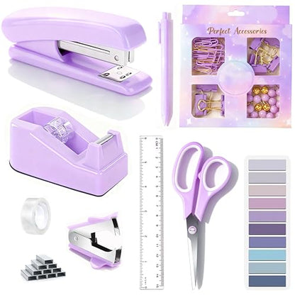 Dimonluce Purple Desk Accessories, Purple Office Supplies Accessories with Tape Dispenser, Stapler, Staple Remover, 1000 Staples, Tape, Clips Set, Ruler, Scissor, Pen - color: Purple