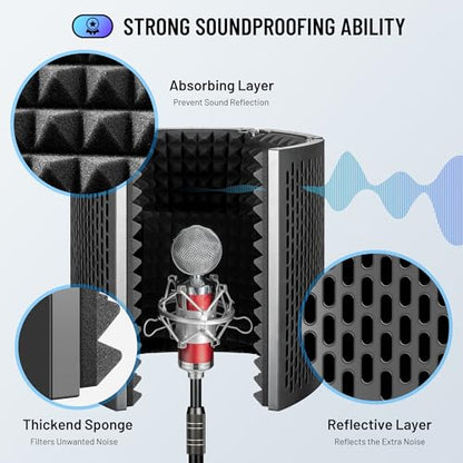 CAHAYA Microphone Isolation Shield Foldable - Mic Shield Recording Studio Sound Absorbing Foam Reflector with 3/8" and 5/8" Mic Adapter Microphone Recording Equipment Black