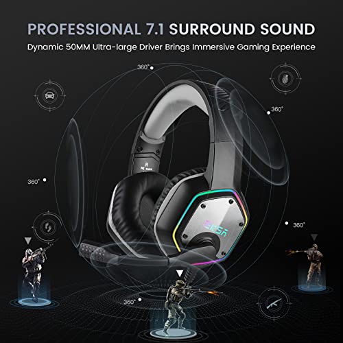 EKSA E1000 USB Gaming Headset for PC, Computer Headphones with Microphone/Mic Noise Cancelling, 7.1 Surround Sound, RGB Light - Wired Headphones for PS4, PS5 Console, Laptop, Call Center - color: Grey