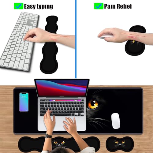 4 in 1 Ergonomic Keyboard Wrist Rest & Mouse Pad Wrist Rest Set, Large XXL Gaming Desk Mat 31.5"x 11.8" with Non-Slip Base, Memory Foam for Home Office Study Gaming, Black Cat Face - color: Black Cat Face